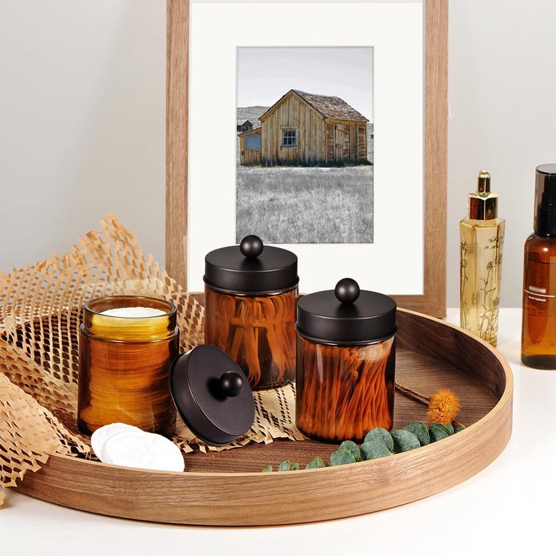 Komashr Amber Glass Qtip Holder, Apothecary Jars with brown Metal Lid & Stickers-Bathroom Qtip Dispenser Storage Organizer Set,Vanity Counter Canister for Cotton Swabs,Round Pads,Floss (3 Pack,bronze) - Image 4